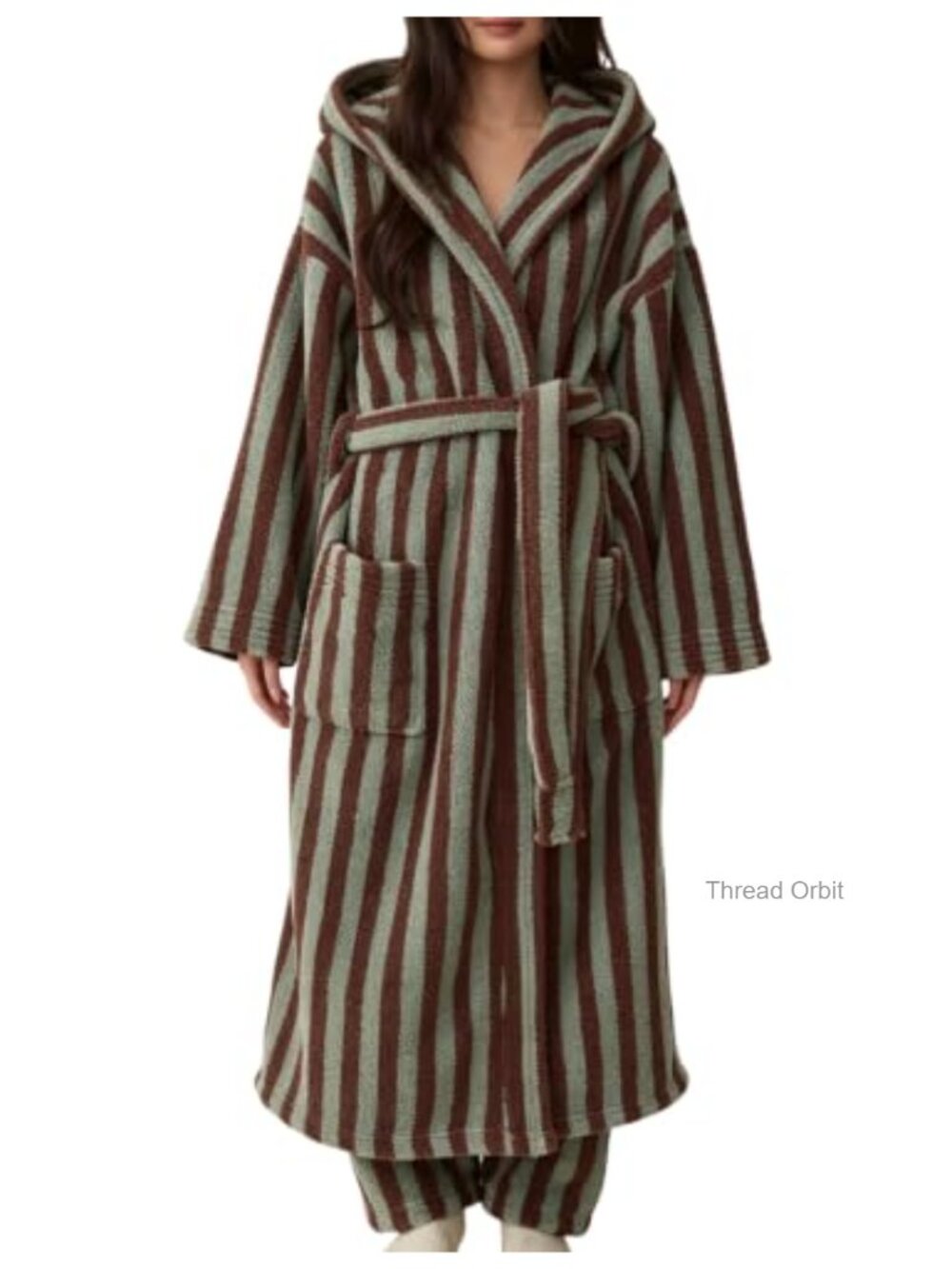 Striped Fluffy Hooded Long Plush Robe Warm Bathrobe
